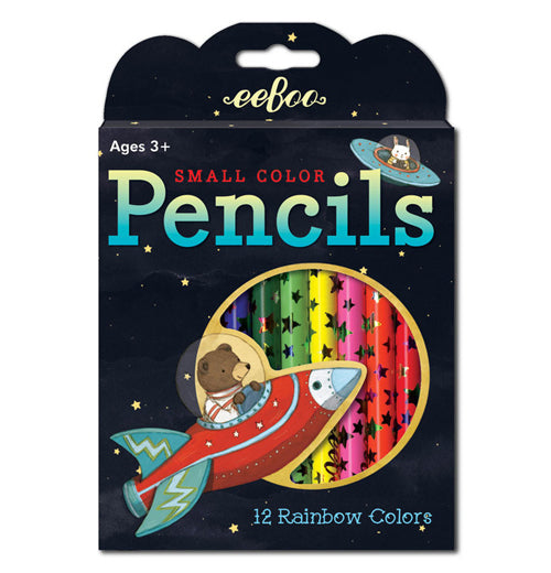 This black box of colored pencils features a bear flying a red and blue space rocket around the moon. An opening to show the colored pencils is clearly displayed. The words, "Small Color Pencils" are shown in red and blue lettering above the moon shape. Above the words is a rabbit flying a blue space saucer.
