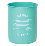 The Powder-Coated Utensil Crock has turquoise color with the message  that says "kitchen utensils" 