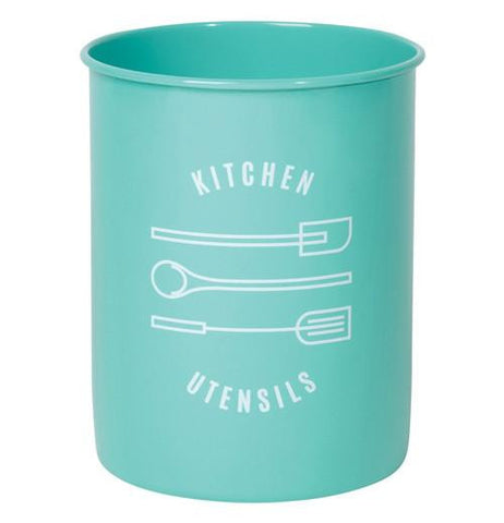 The Powder-Coated Utensil Crock has turquoise color with the message  that says "kitchen utensils" 