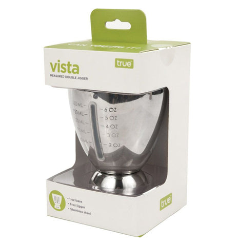 The 6 oz jigger is shown inside its packaging with the words, "True Vista" at the top in green and white lettering.