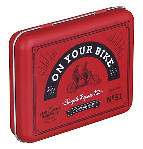 Bicycle repair kit in a red box that says "On Your Bike."