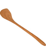 A brown, wooden, long handled spatula utensil is at a downward angle from left to right.