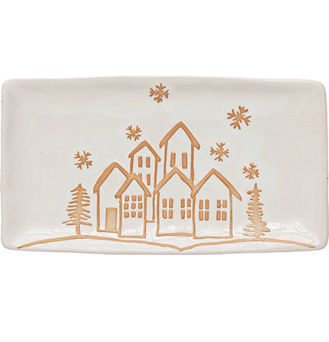 Stoneware Platter With Winter Town Image