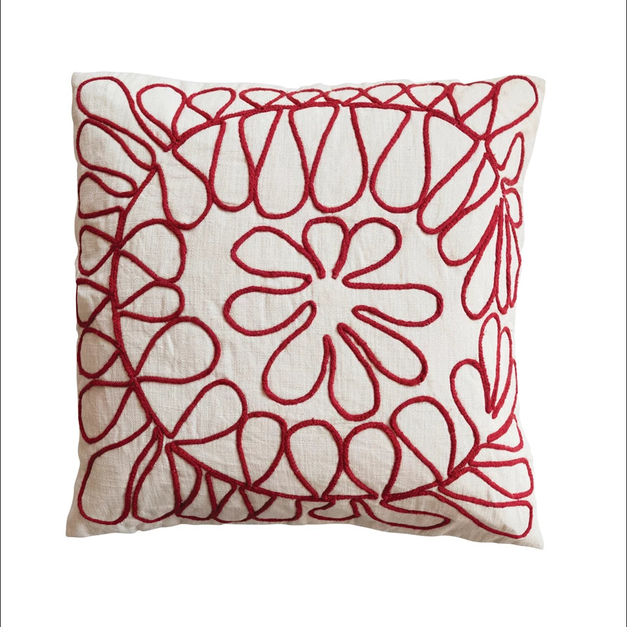 Cotton Slub Pillow With Embroidery "Cream &amp; Red"