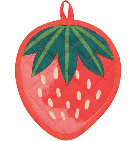 An oval shaped red potholder with a green leaf design.